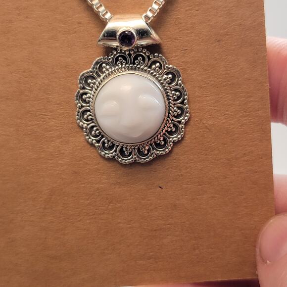 Vintage Silver Necklace with Moon Face Pendant Mother of Pearl and Purple Gem - Picture 7 of 10